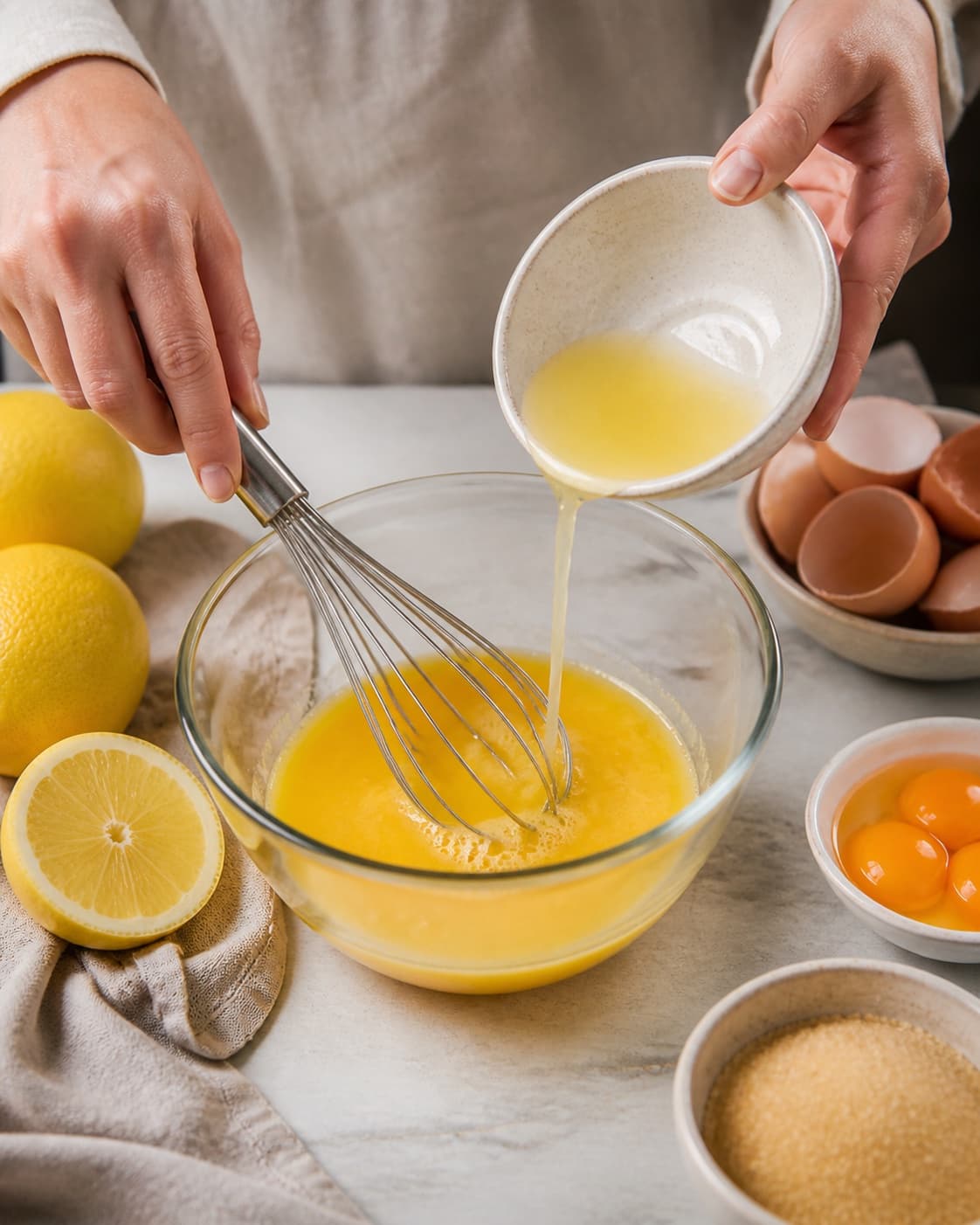 Warm lemon syrup whisked gradually into pasteurised eggs and yolks to temper them under tilberedningen af silkeblød lemoncurd med citron