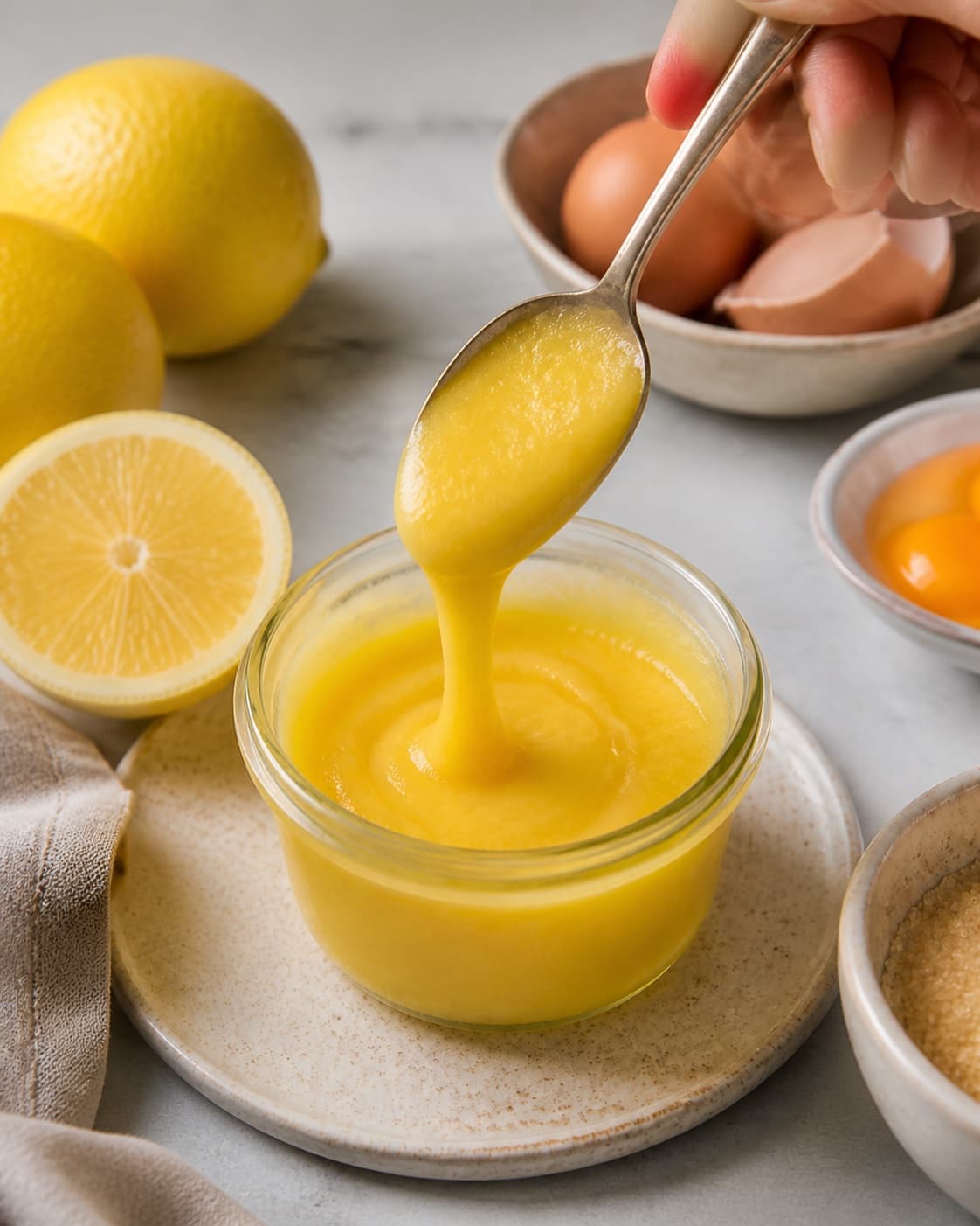 Lemon curd thickening gently while stirred to a glossy spoon coating consistency under tilberedningen af silkeblød lemoncurd med citron