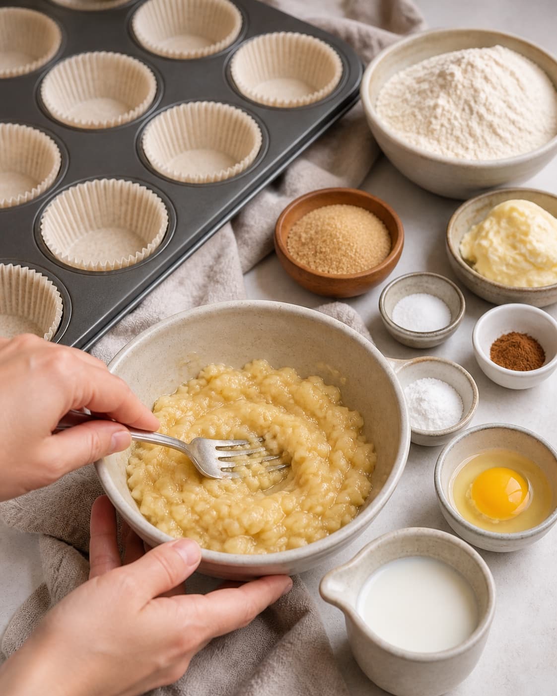 Very ripe bananas mashed beside a lined muffin tray and measured baking ingredients under tilberedningen af bananmuffins