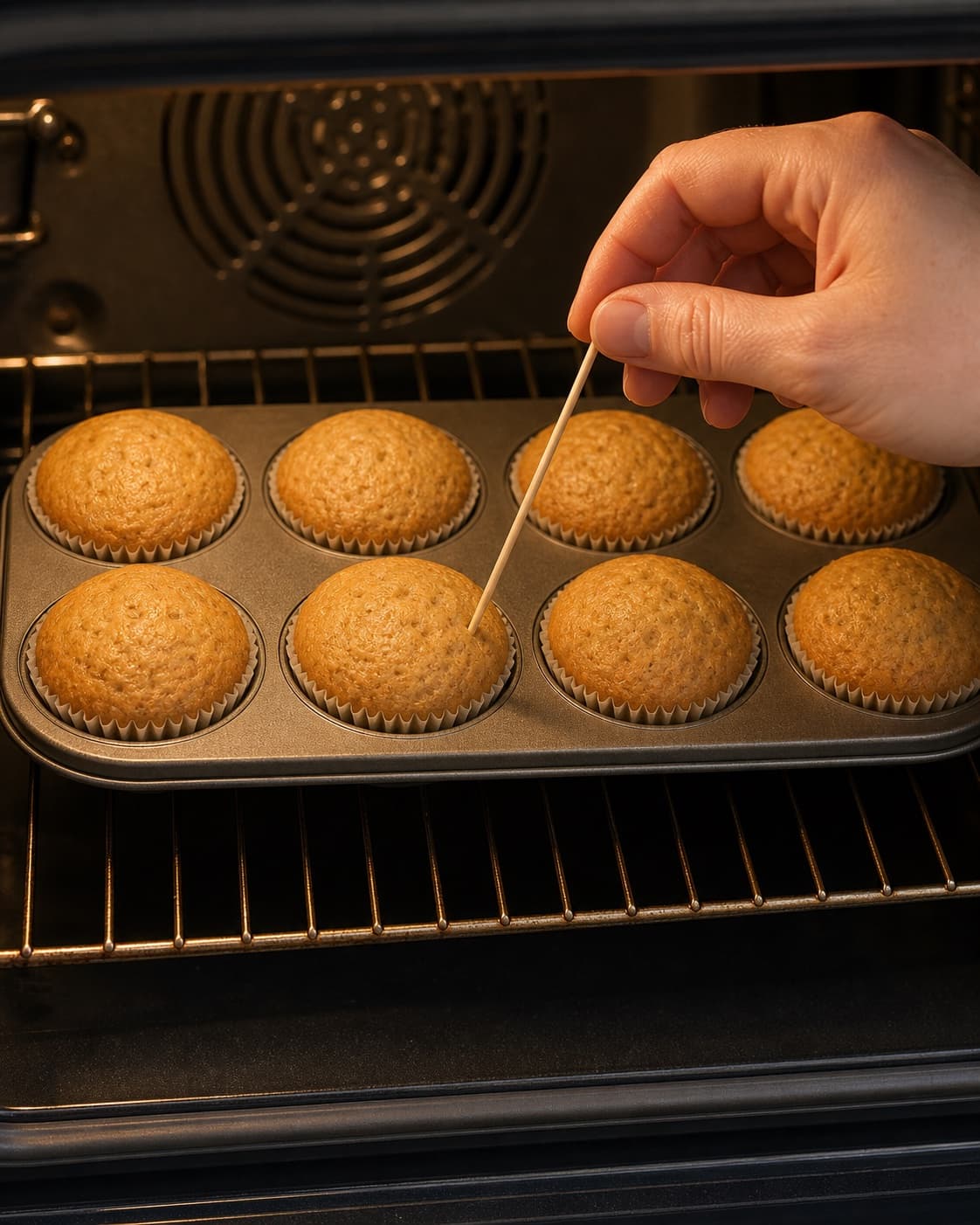 Banana muffins baking with rounded golden tops and a set moist centre under tilberedningen af bananmuffins