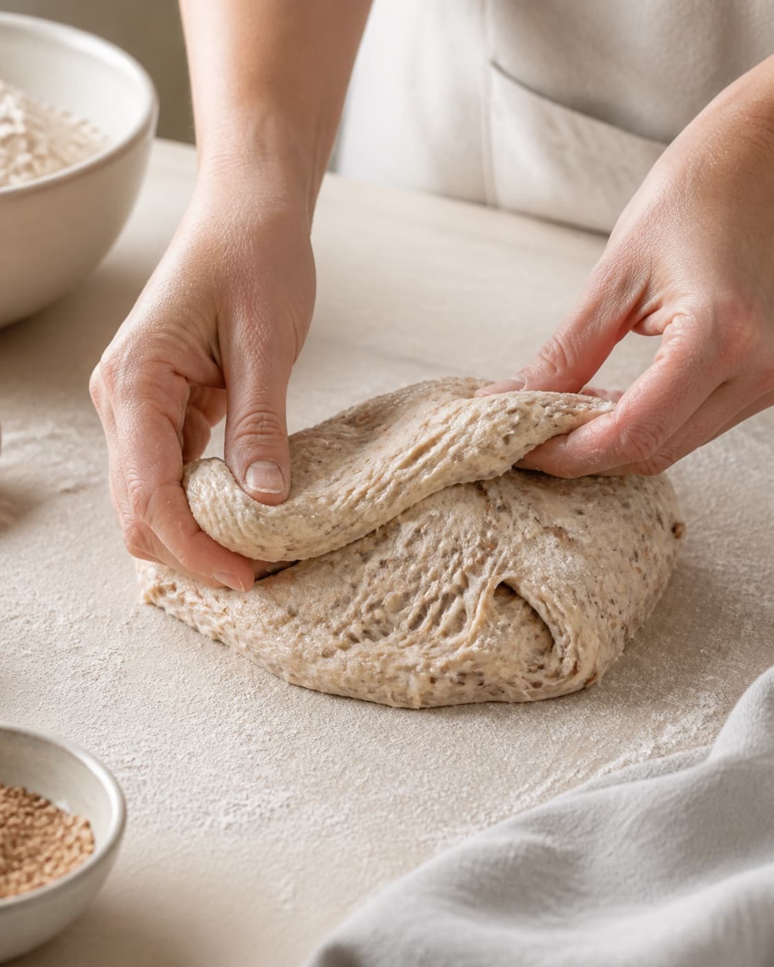 Sunflower seeds being folded evenly into elastic emmer bread dough with wet hands under tilberedningen af emmer grovboller