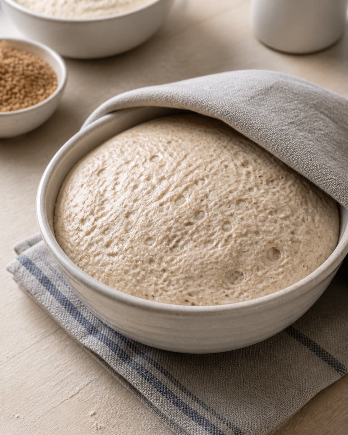 Airy emmer dough proofing with visible bubbles and a marked rise in a covered container under tilberedningen af emmer grovboller