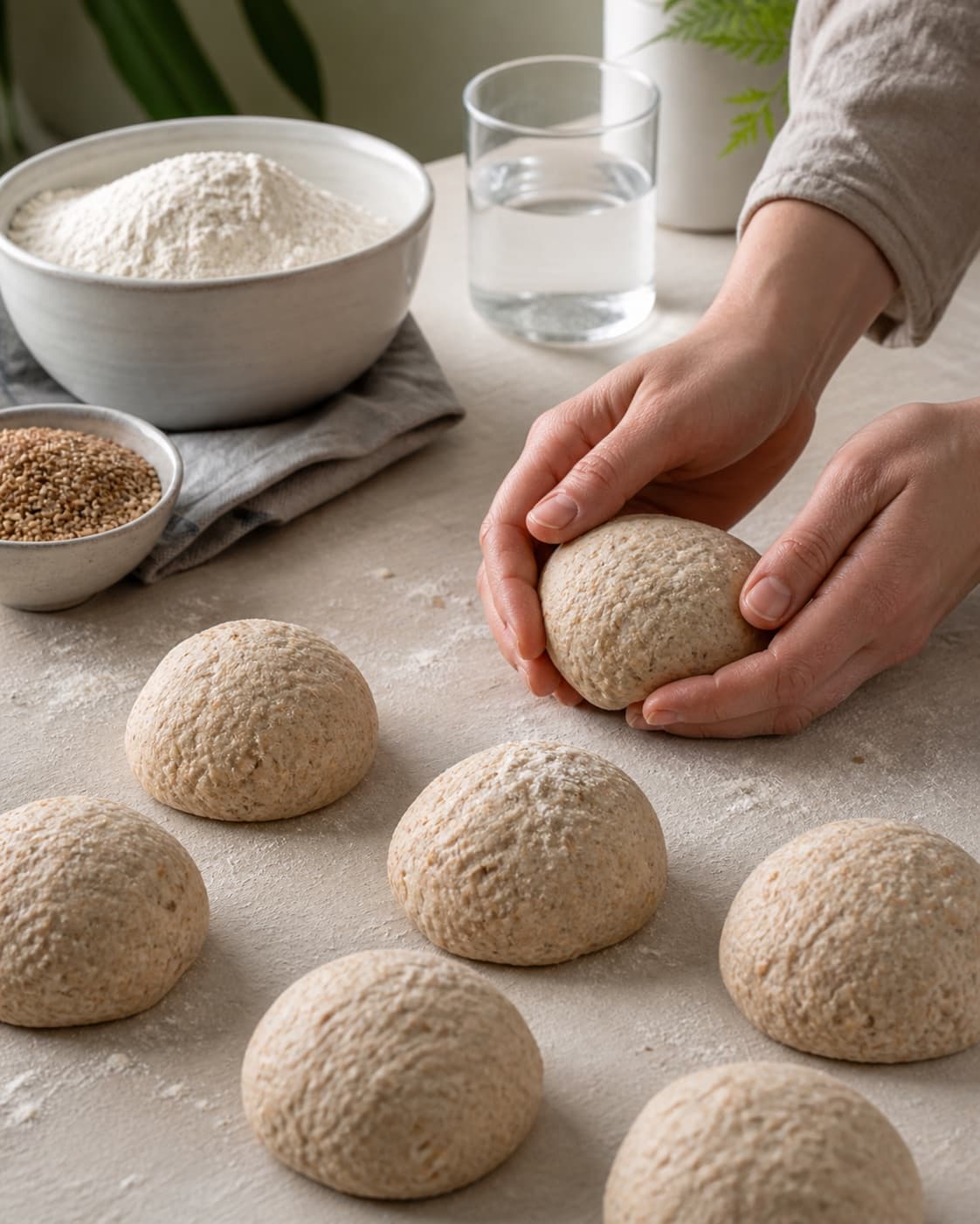 Four rustic emmer rolls being gently shaped with surface tension and visible sunflower seeds under tilberedningen af emmer grovboller