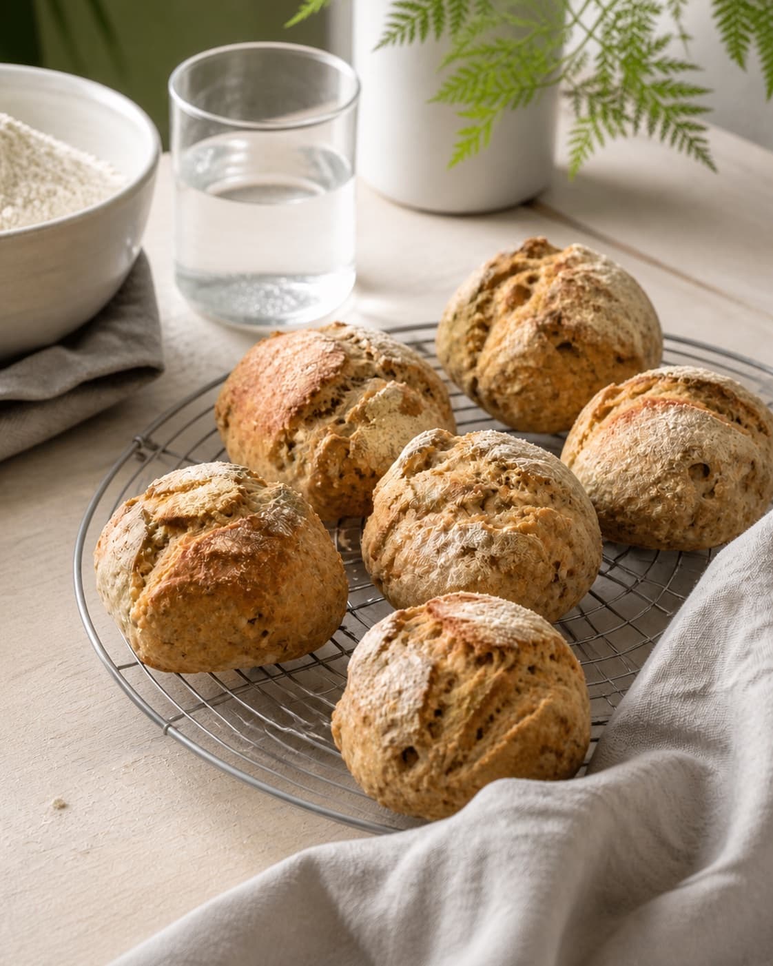 Dark golden emmer rolls with sunflower seeds baking on a hot stone before rack cooling under tilberedningen af emmer grovboller