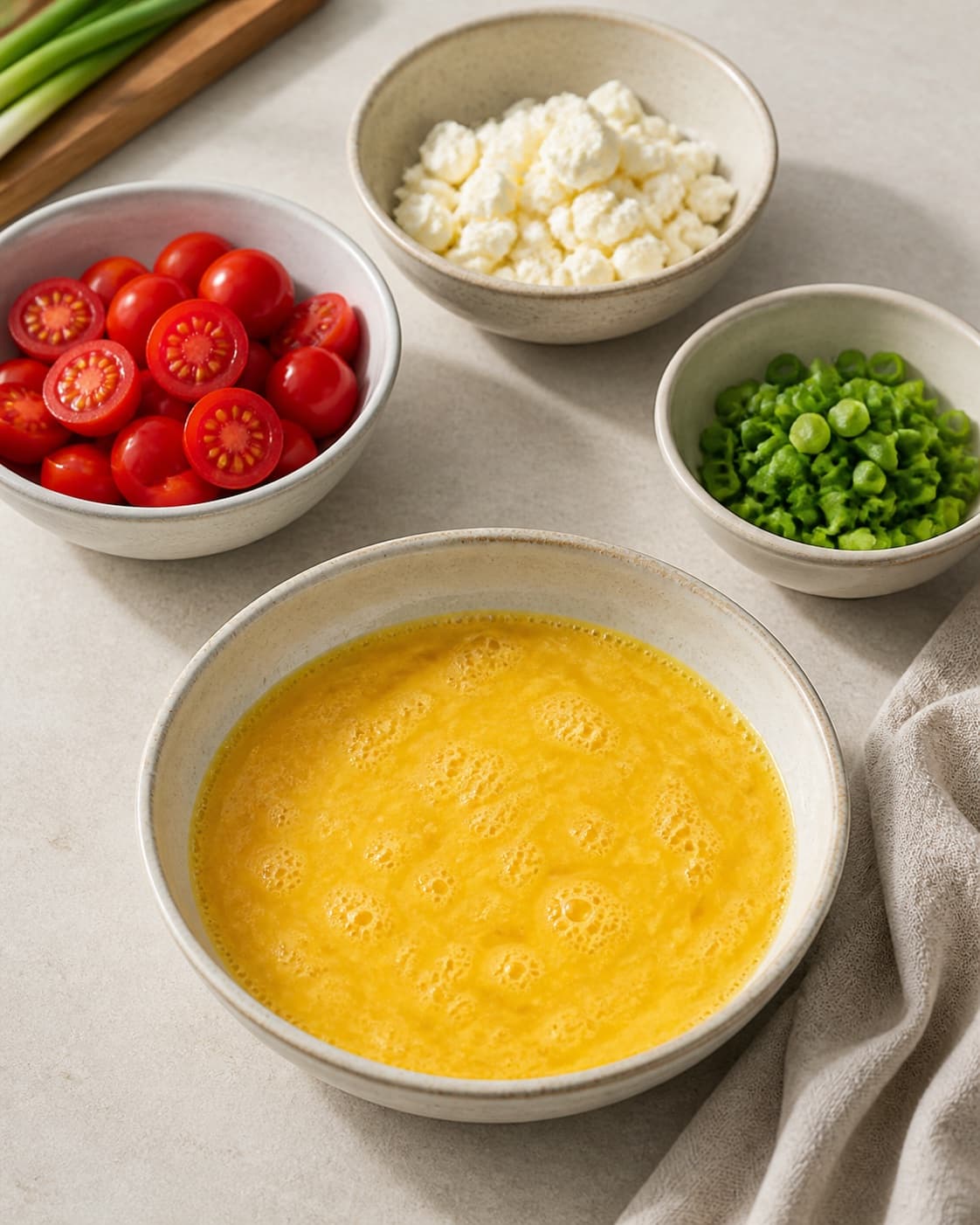 Halved cherry tomatoes sliced spring onions spinach feta and eggs prepared separately for an omelette under tilberedningen af omelet med feta og tomat