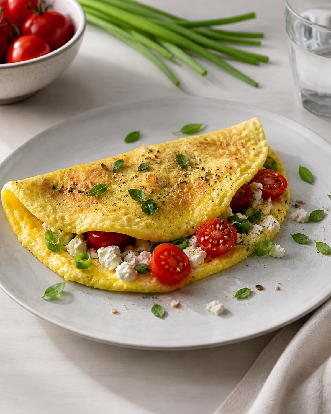 Folded feta tomato omelette sliding onto a warm plate with fresh oregano on top under tilberedningen af omelet med feta og tomat