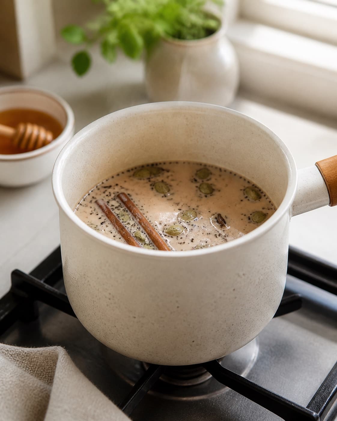 Whole chai spices and ginger simmering gently in water before black tea is added under tilberedningen af chai latte