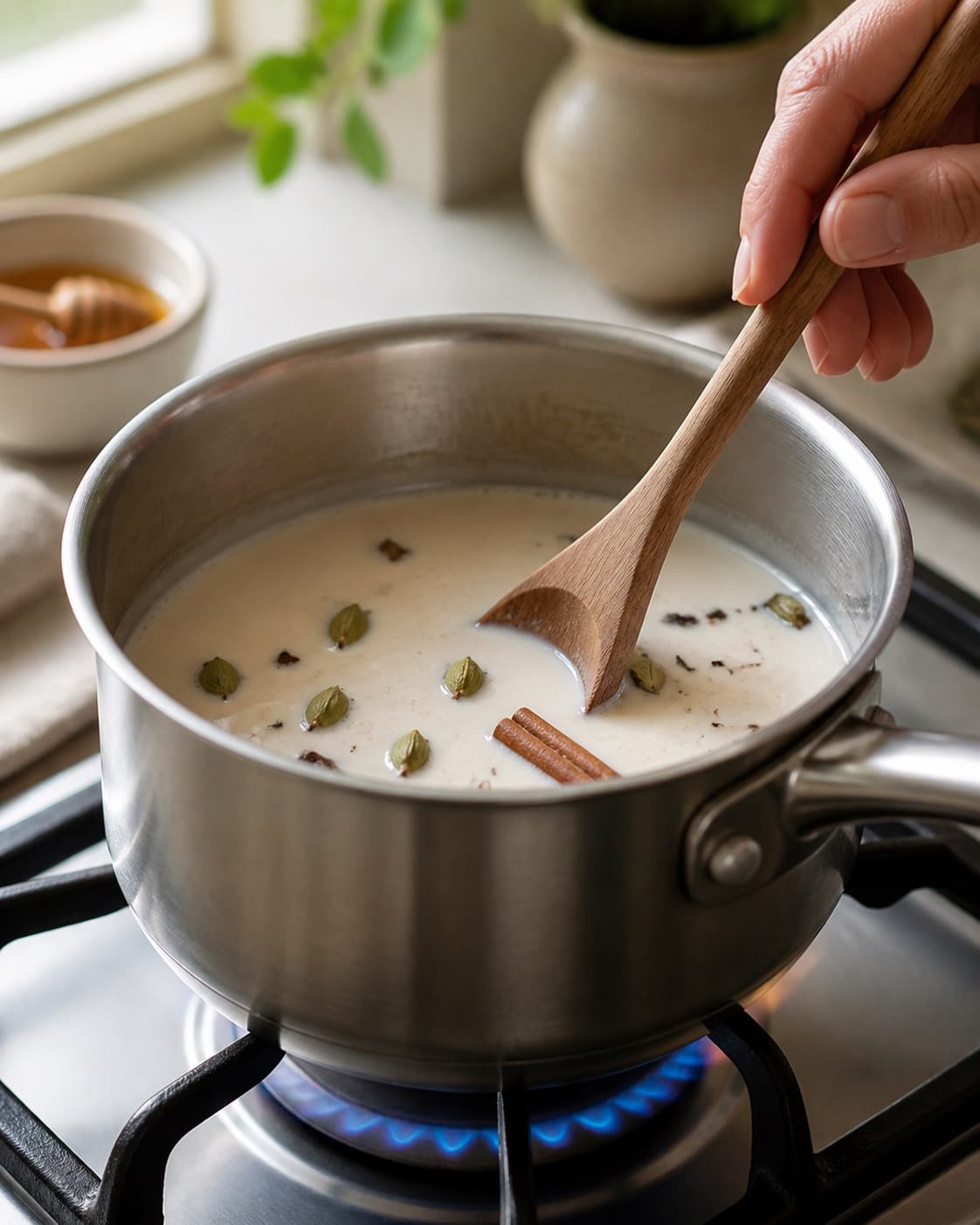 Strained chai concentrate warming gently with whole milk and vanilla without boiling under tilberedningen af chai latte