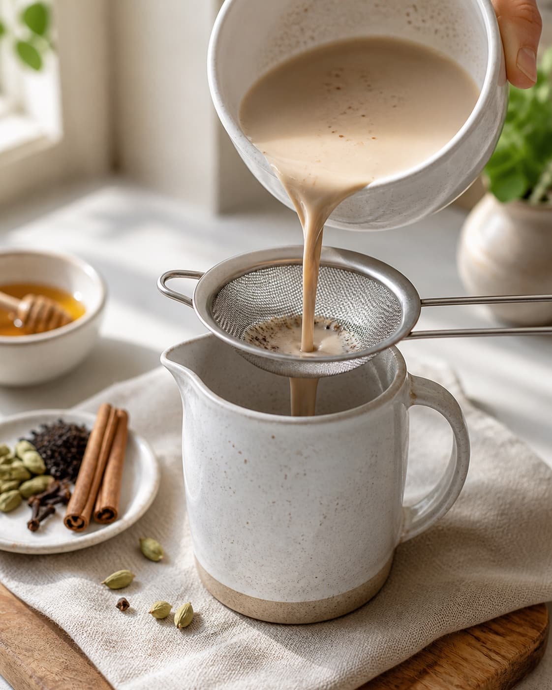 Honey whisked into strained warm chai latte before it is poured into a heated pitcher under tilberedningen af chai latte