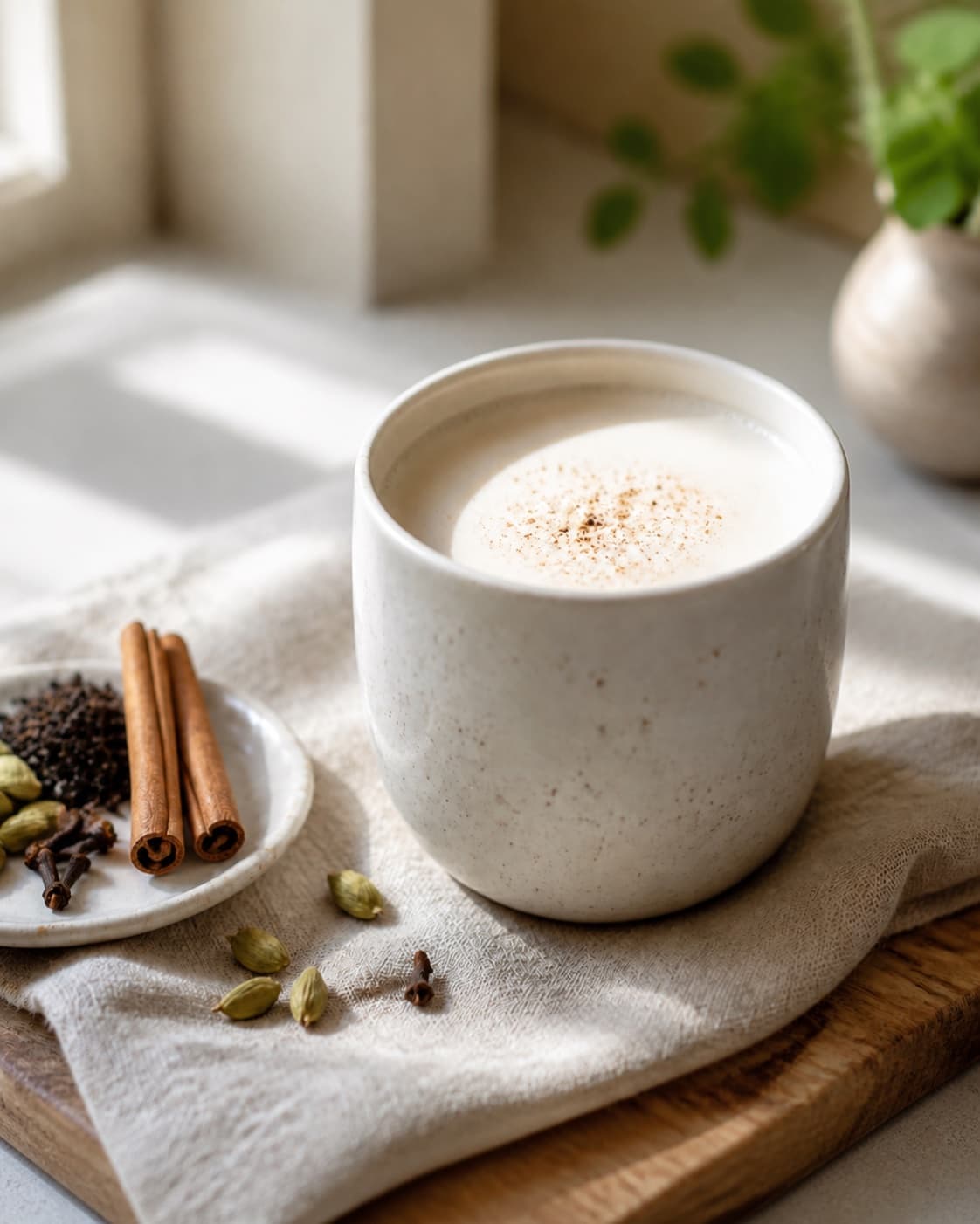 Hot chai latte poured into warm cups with a thin restrained layer of milk foam under tilberedningen af chai latte