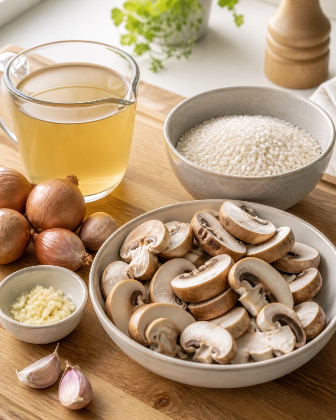 Warm vegetable stock beside brushed sliced brown mushrooms rice wine onion garlic butter and parmesan under tilberedningen af risotto med svampe