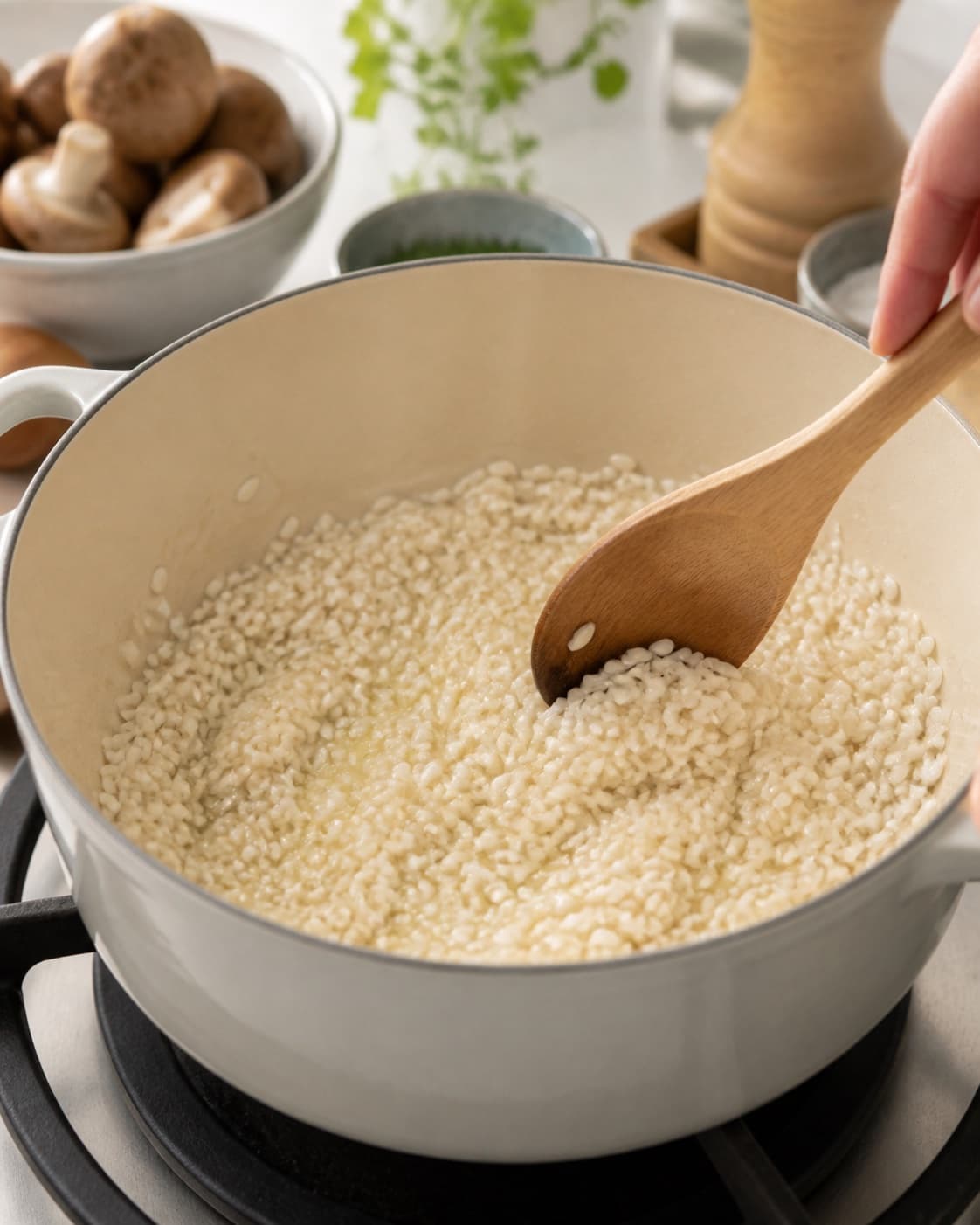 Carnaroli rice toasted with translucent onion before dry white wine reduces completely under tilberedningen af risotto med svampe