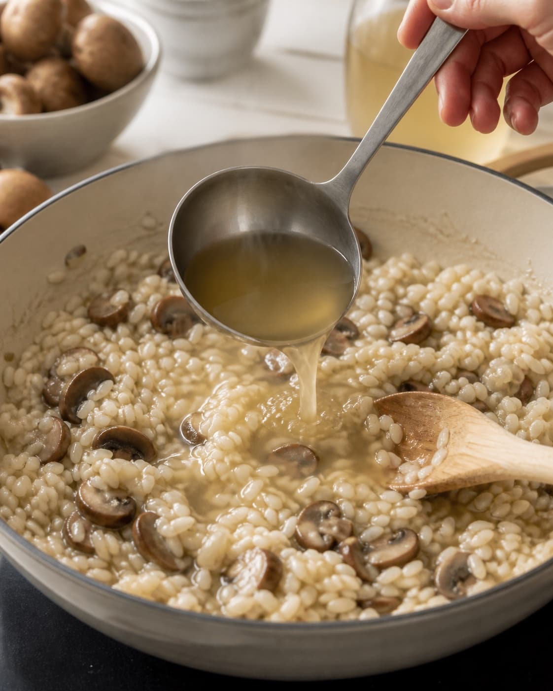 Mushroom risotto rice absorbing one ladle of hot stock at a time while being stirred under tilberedningen af risotto med svampe