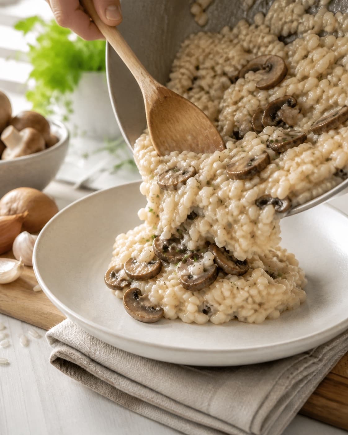 Brown mushrooms parmesan and cold butter folded into flowing risotto off the heat under tilberedningen af risotto med svampe