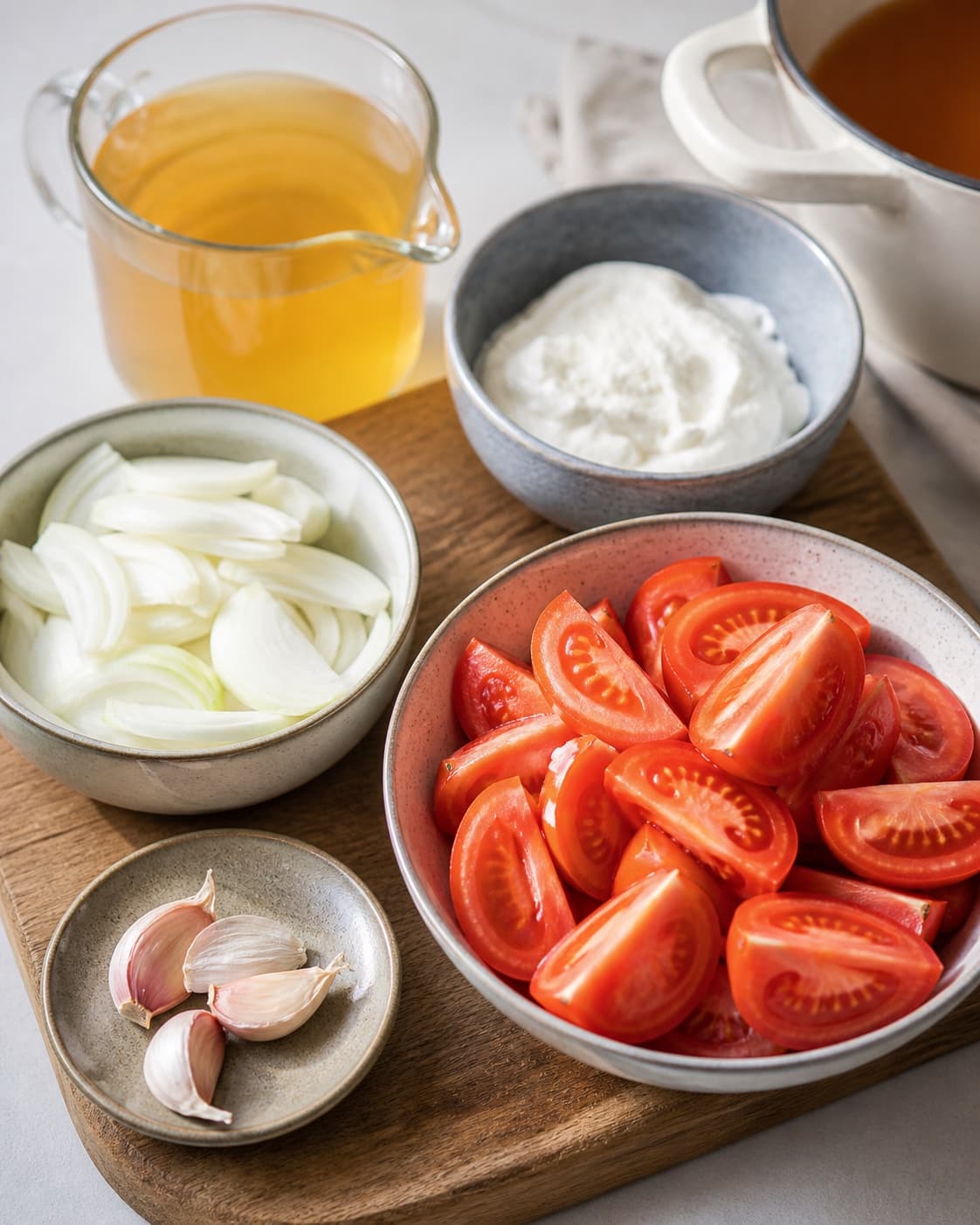 Chopped ripe tomatoes onion garlic basil tomato paste stock and mascarpone prepared for soup under tilberedningen af cremet tomatsuppe med mascarpone