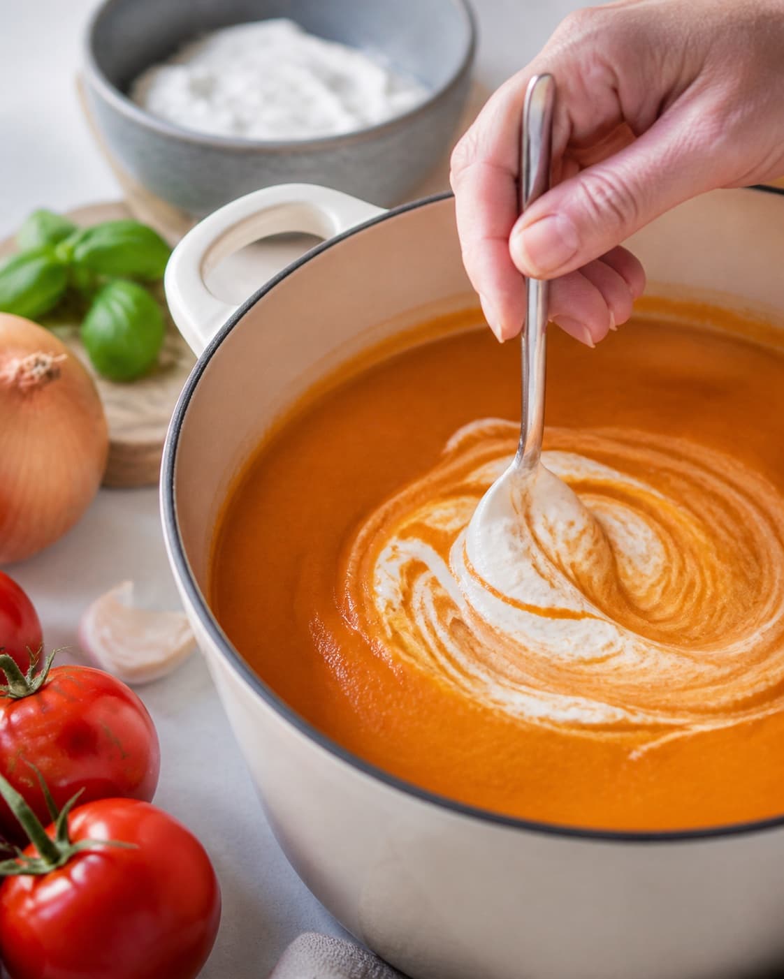 Mascarpone being blended into red tomato soup until completely smooth and creamy under tilberedningen af cremet tomatsuppe med mascarpone