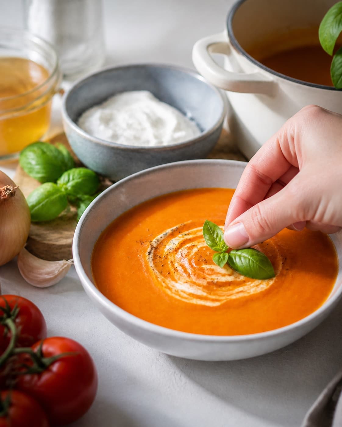 Creamy tomato mascarpone soup finished with torn fresh basil in warm bowls under tilberedningen af cremet tomatsuppe med mascarpone