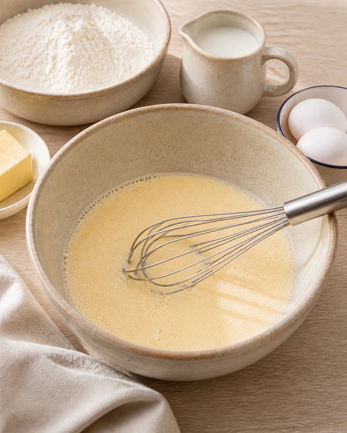 Dry waffle ingredients and milk eggs vanilla melted butter measured in separate bowls under tilberedningen af sprøde vafler