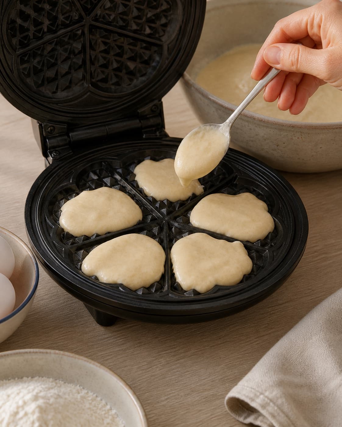 Measured waffle batter being poured into a fully heated lightly buttered waffle iron under tilberedningen af sprøde vafler