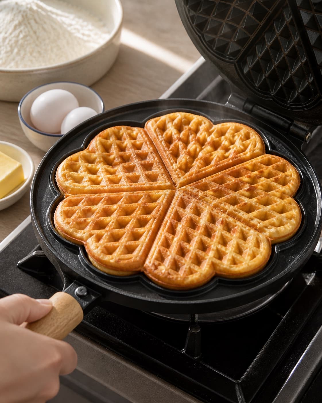 Crisp waffles baking in the iron until deep golden with sharply defined ridges under tilberedningen af sprøde vafler