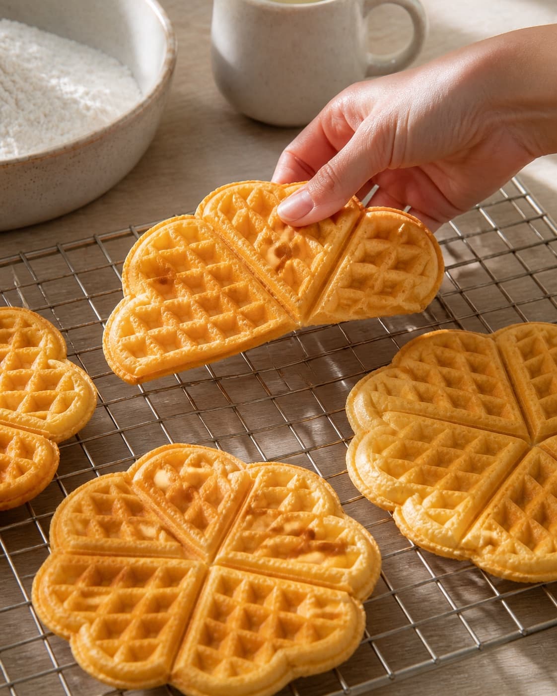 Fresh golden waffles cooling separately on a wire rack to retain their crisp ridges under tilberedningen af sprøde vafler