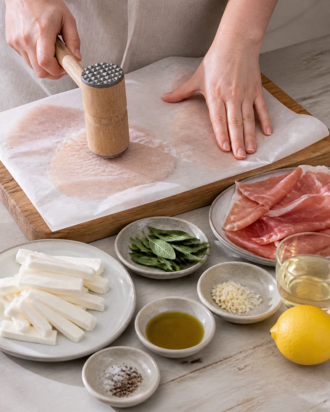 Chicken breasts pounded evenly between parchment beside mozzarella sage and prosciutto under tilberedningen af kyllingeruller med salvie, parmaskinke og mozzarella