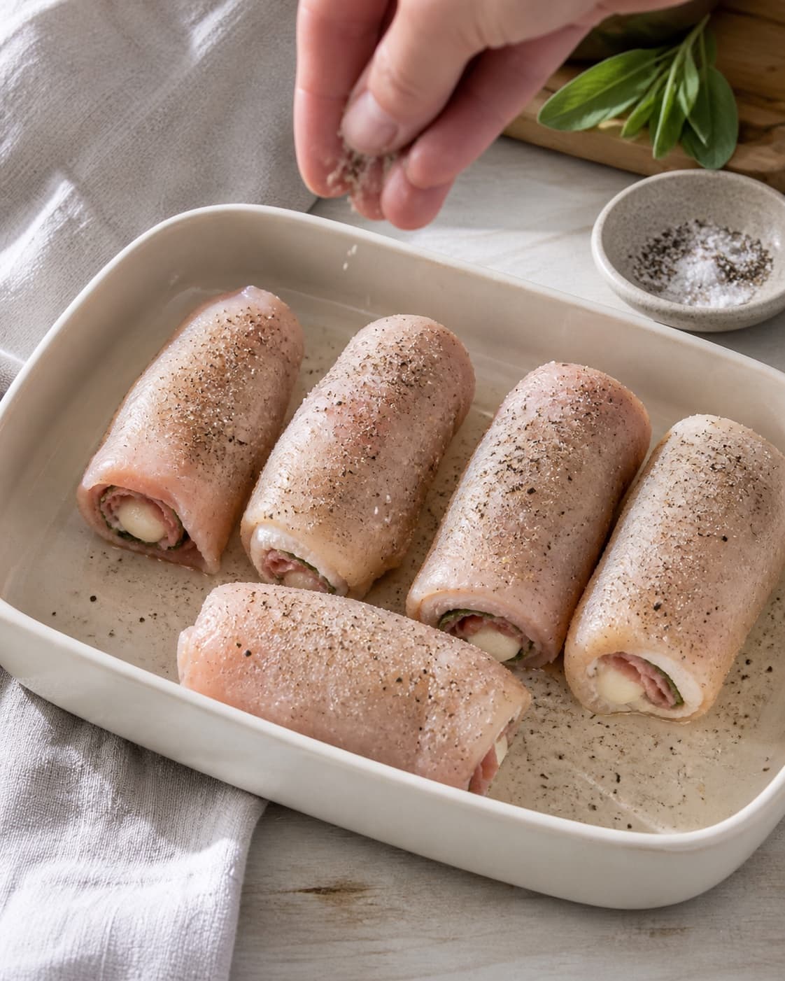 Chicken cutlets rolled tightly around prosciutto mozzarella sage and lemon zest under tilberedningen af kyllingeruller med salvie, parmaskinke og mozzarella