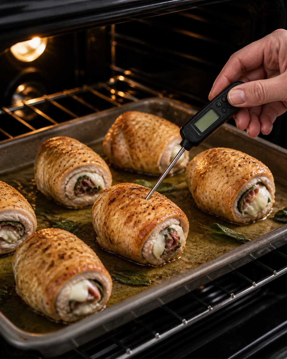 Golden chicken rolls finishing in the oven with white wine garlic and a light pan sauce under tilberedningen af kyllingeruller med salvie, parmaskinke og mozzarella