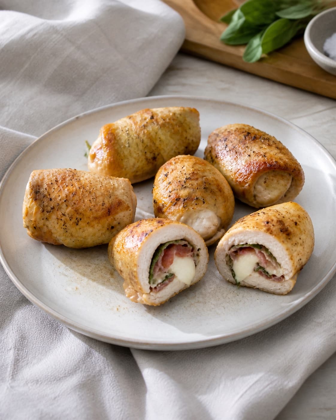 Cooked chicken rolls resting before being sliced to reveal mozzarella and sage spirals under tilberedningen af kyllingeruller med salvie, parmaskinke og mozzarella