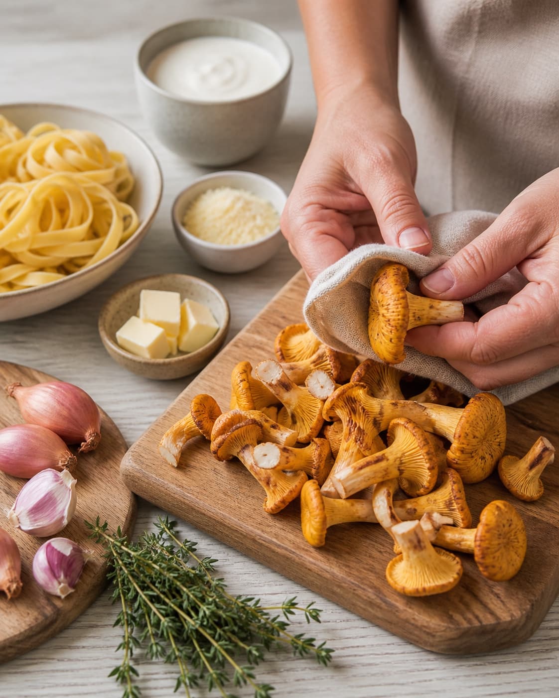 Dry cleaned chanterelles beside shallot garlic thyme cream parmesan butter and pasta under tilberedningen af pasta med kantareller og fløde