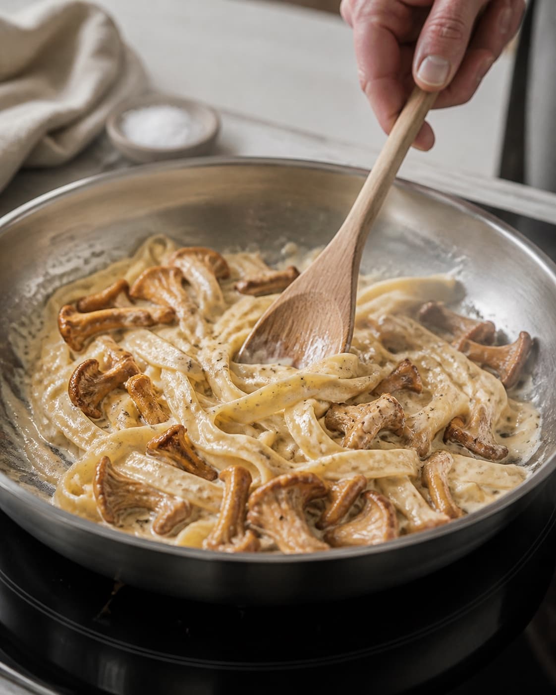 Pasta being tossed in a shallot garlic cream sauce with a ladle of starchy cooking water under tilberedningen af pasta med kantareller og fløde
