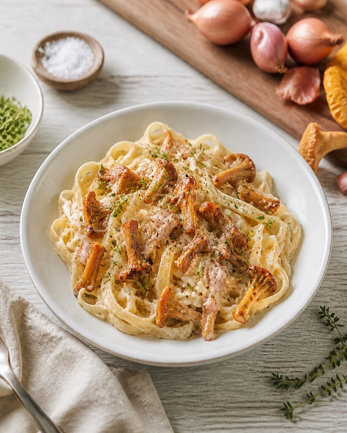 Creamy chanterelle pasta plated immediately with thyme remaining mushrooms and black pepper under tilberedningen af pasta med kantareller og fløde