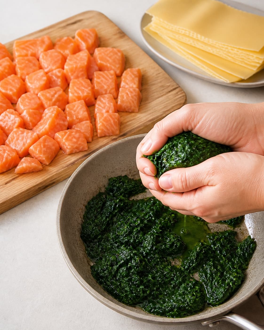 Even salmon pieces and squeezed dry wilted spinach prepared beside lasagne sheets under tilberedningen af lakselasagne med spinat