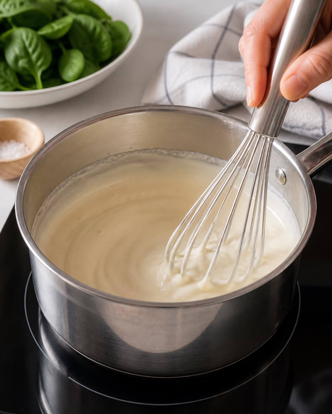 Milk whisked gradually into a butter flour roux for smooth nutmeg bechamel under tilberedningen af lakselasagne med spinat