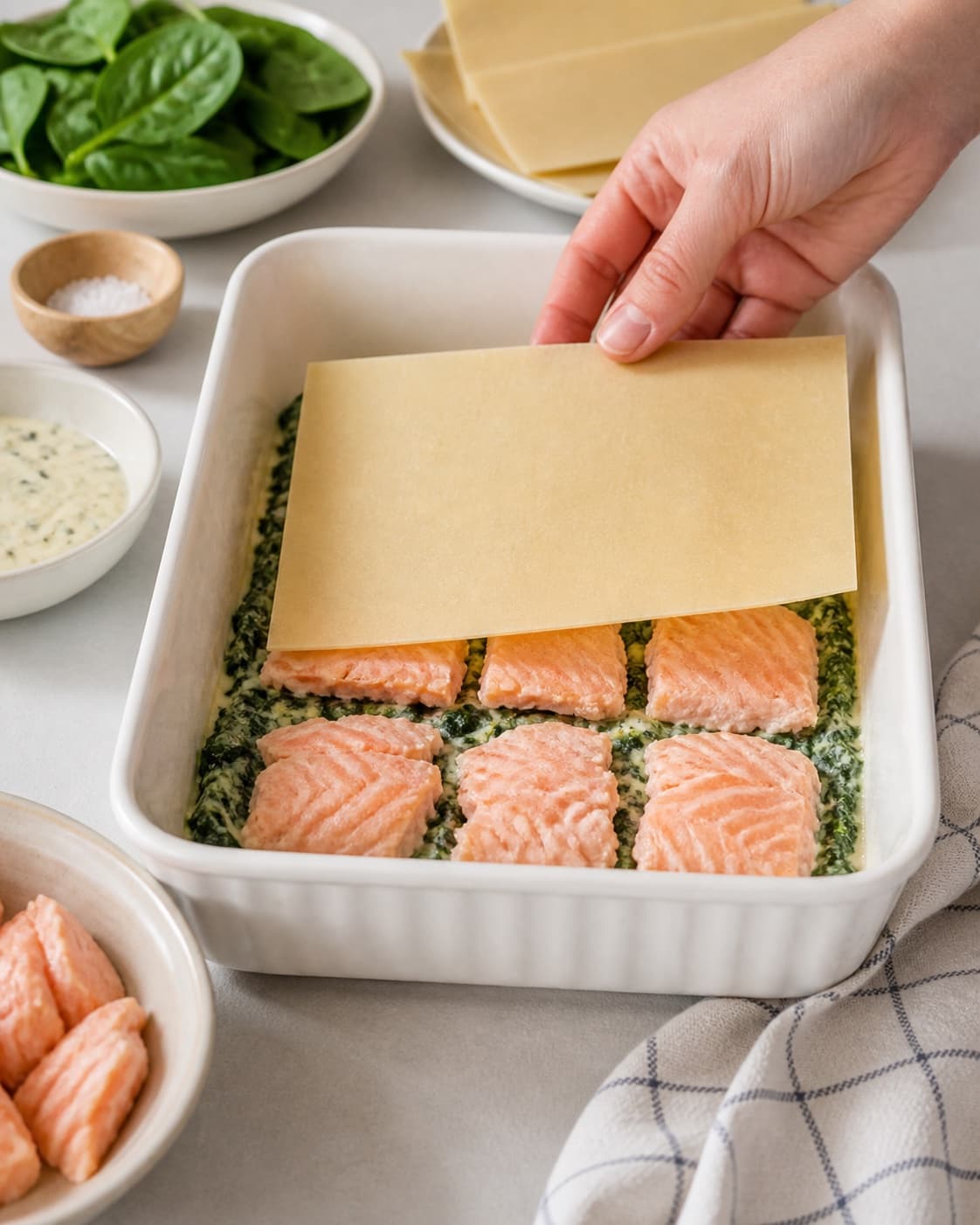 Lasagne layered evenly with bechamel spinach raw salmon pieces mozzarella and pasta sheets under tilberedningen af lakselasagne med spinat