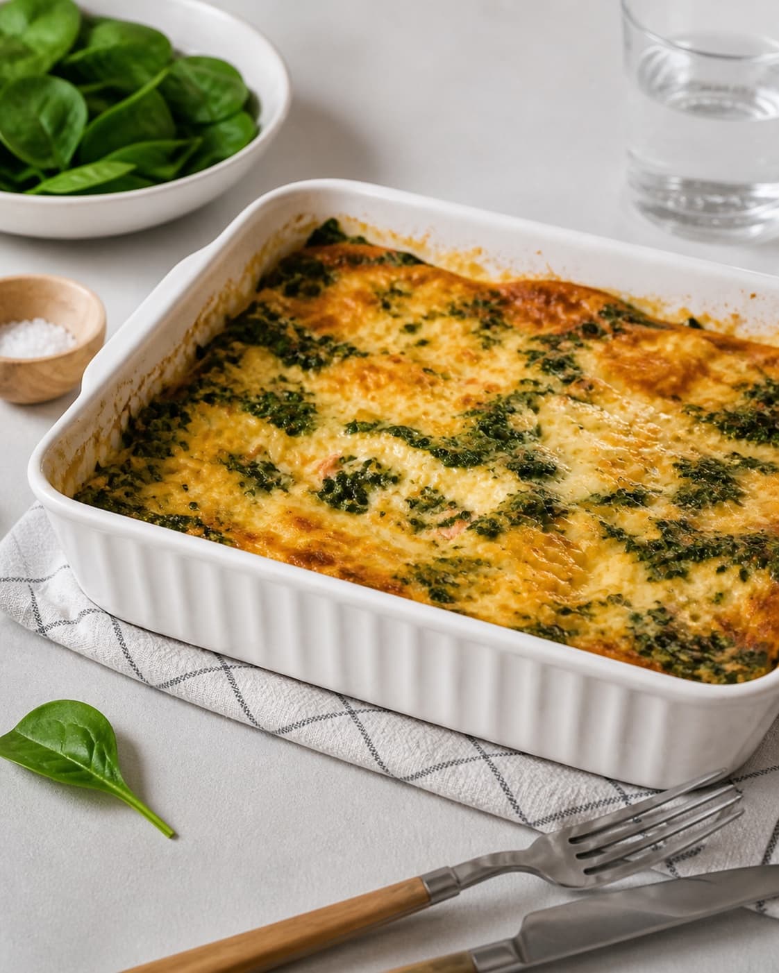 Golden salmon lasagne resting before clean portions reveal distinct pasta spinach and fish layers under tilberedningen af lakselasagne med spinat