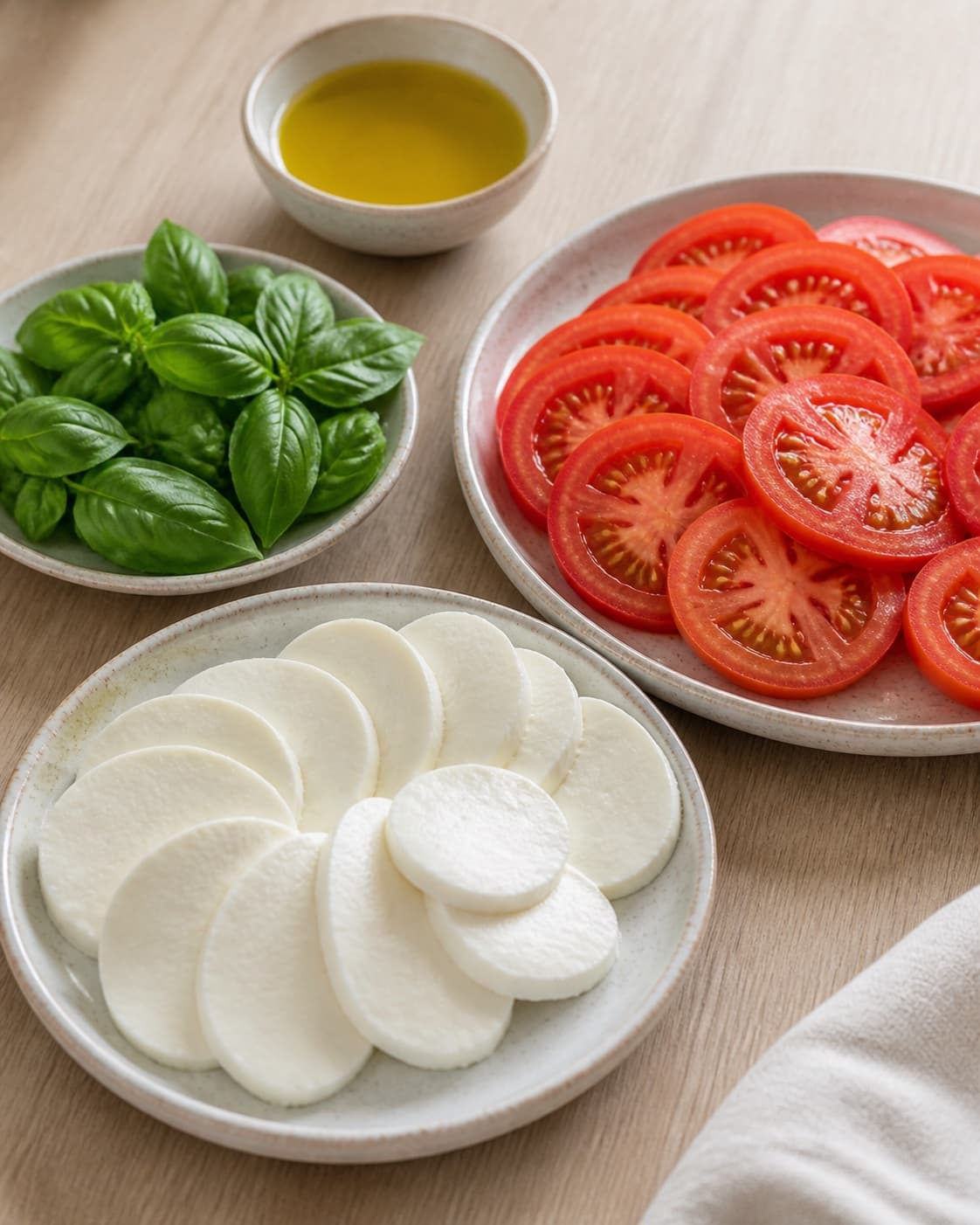 Ripe tomatoes at room temperature and drained mozzarella beside dry basil leaves under tilberedningen af tomatsalat med mozzarella