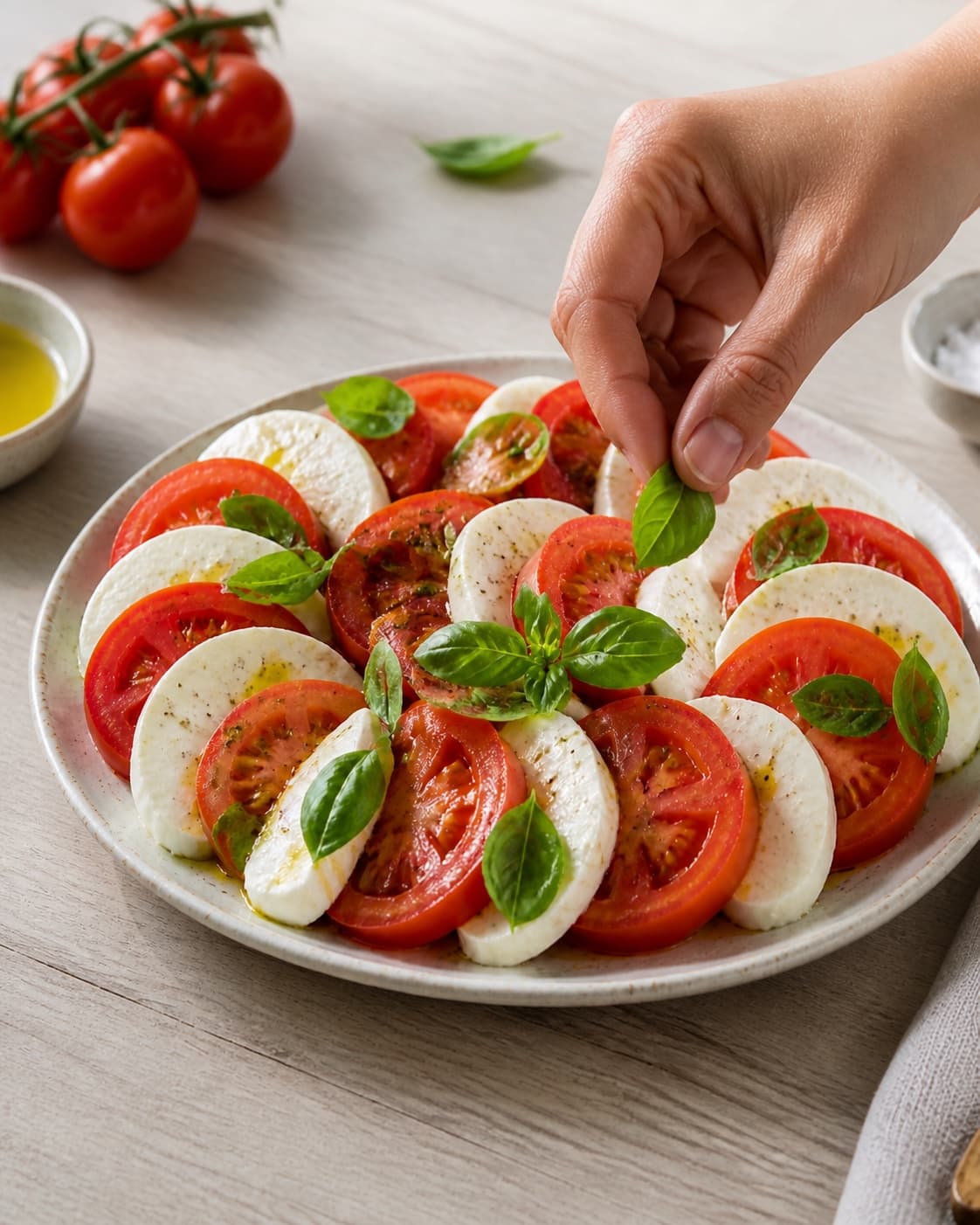 Fresh basil torn over tomato mozzarella salad with a final restrained drizzle of dressing under tilberedningen af tomatsalat med mozzarella