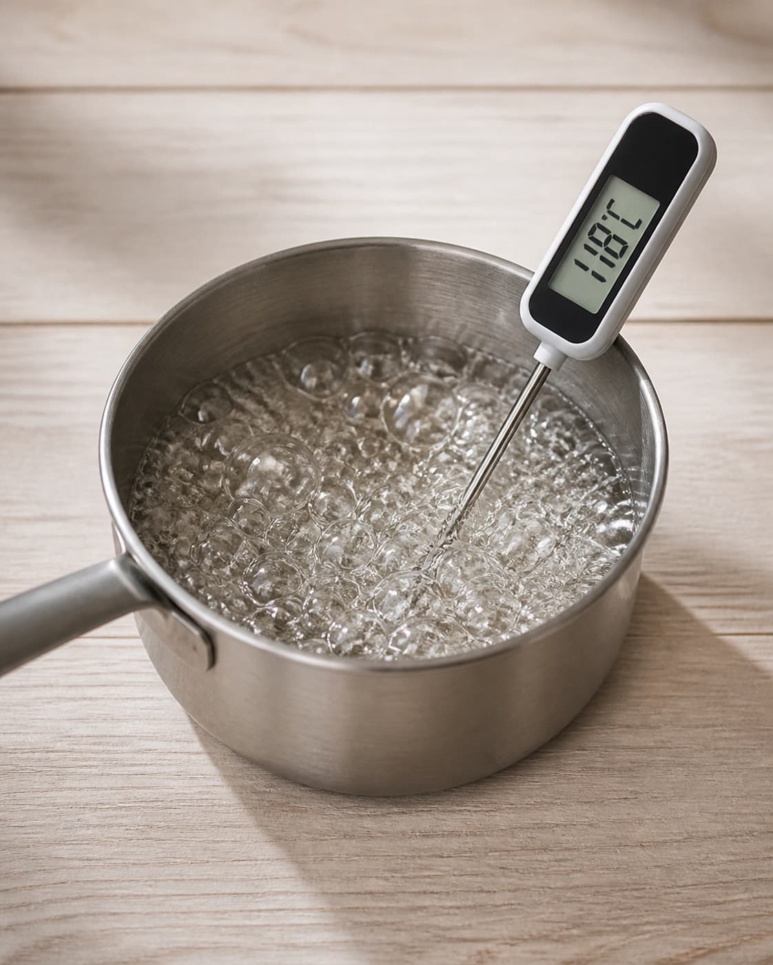 Clear sugar and glucose syrup boiling to precisely 118 degrees Celsius for Italian meringue under tilberedningen af hjemmelavet guf til is