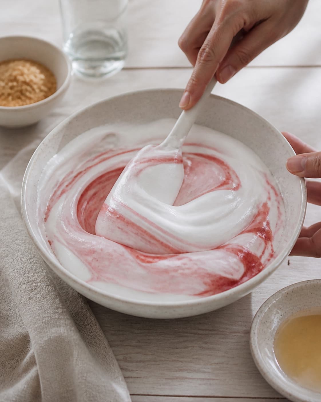 Concentrated strawberry puree folded in ribbons through cooled glossy Italian meringue under tilberedningen af hjemmelavet guf til is