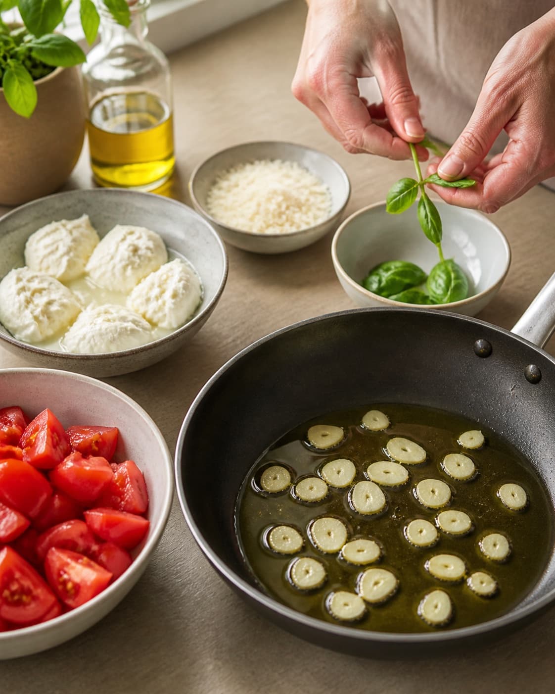 Chopped ripe tomatoes and thin garlic slices warming gently in olive oil for pasta sauce under tilberedningen af pasta med mozzarella og tomater