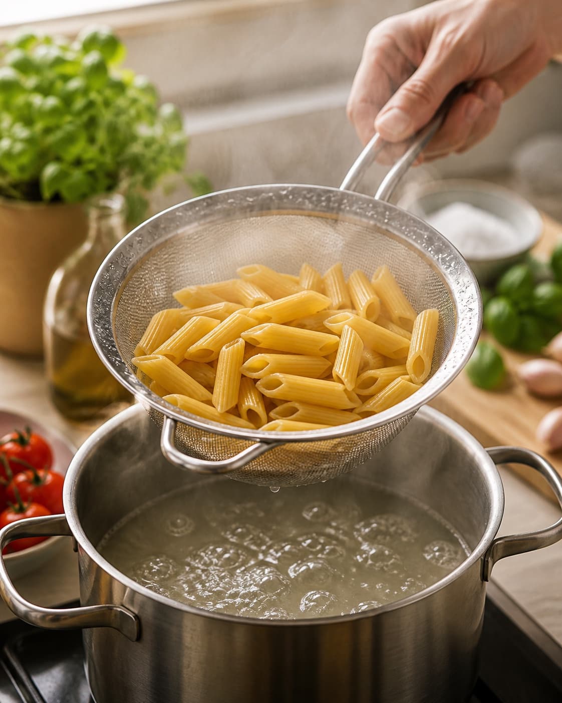 Pasta boiling until al dente while fresh tomatoes collapse lightly in garlic olive oil under tilberedningen af pasta med mozzarella og tomater