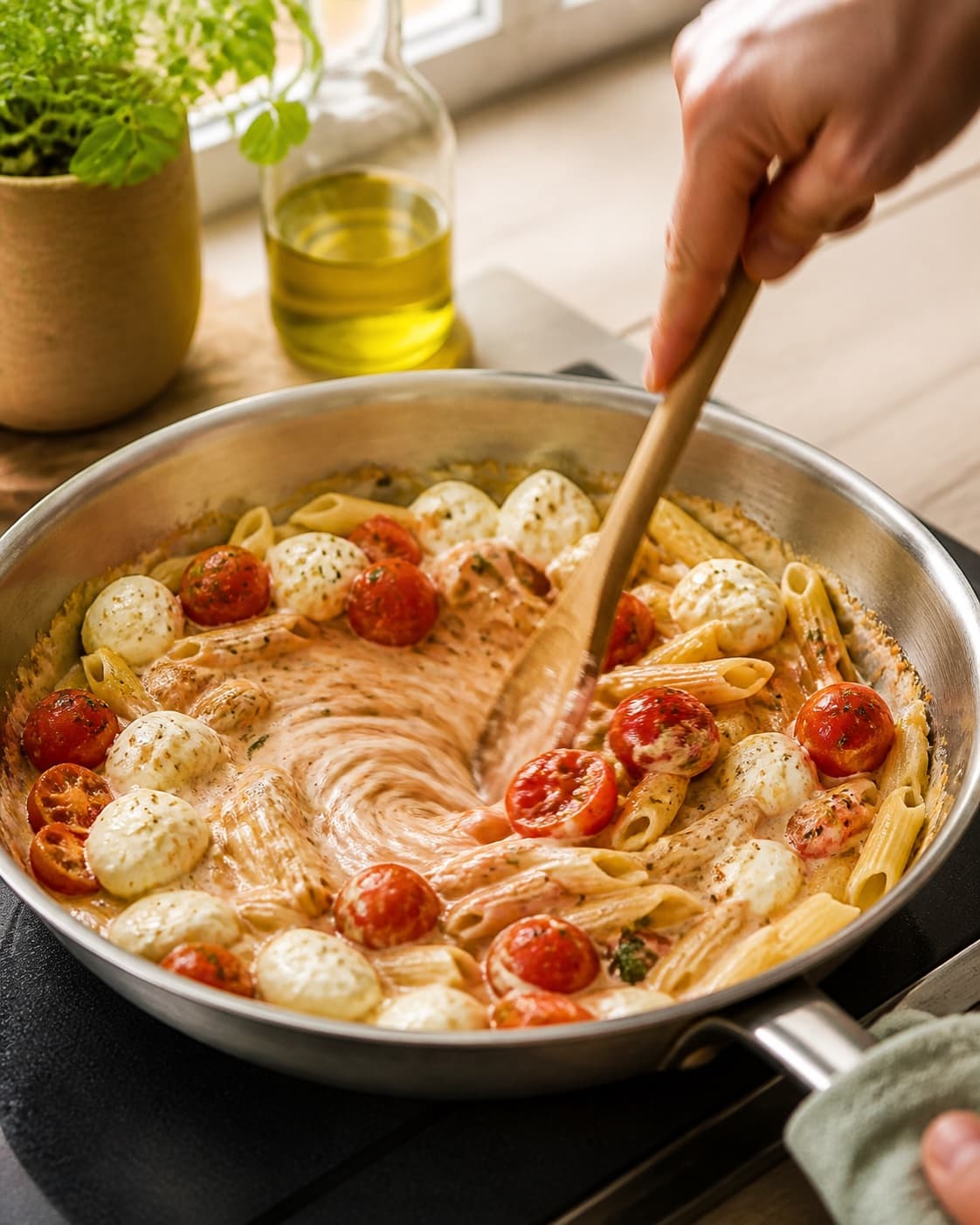 Al dente pasta tossed vigorously with tomato juices and starchy cooking water under tilberedningen af pasta med mozzarella og tomater