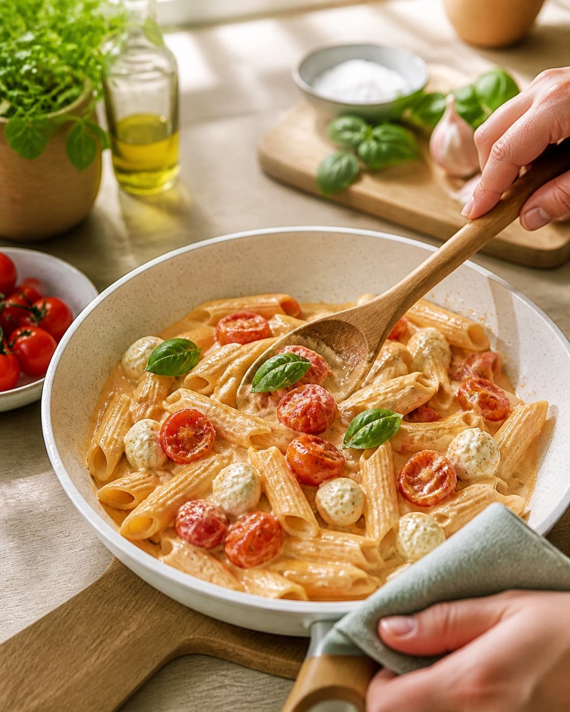 Torn mozzarella and grated parmesan folded into tomato pasta away from direct heat under tilberedningen af pasta med mozzarella og tomater
