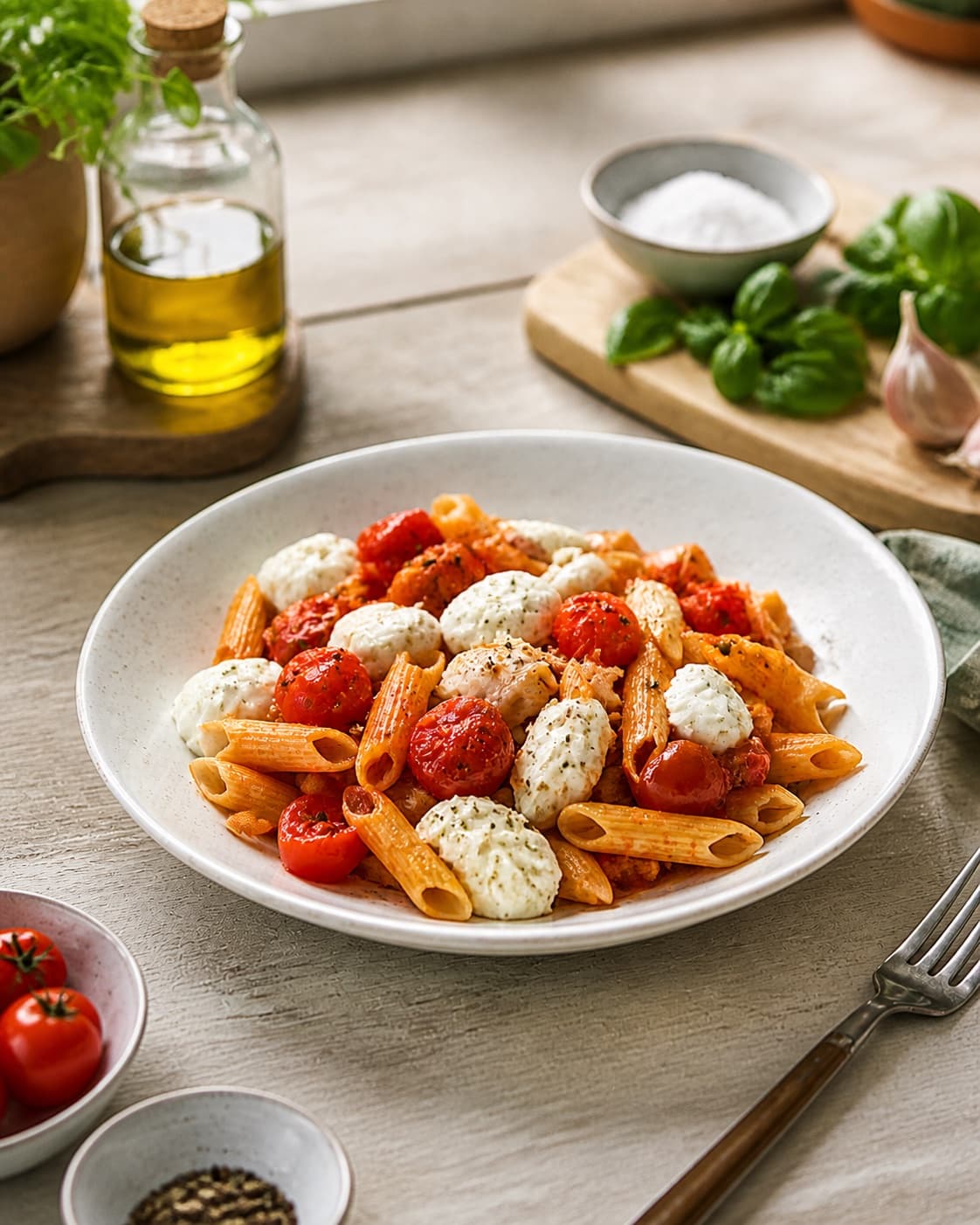 Tomato mozzarella pasta served immediately with torn fresh basil and black pepper under tilberedningen af pasta med mozzarella og tomater