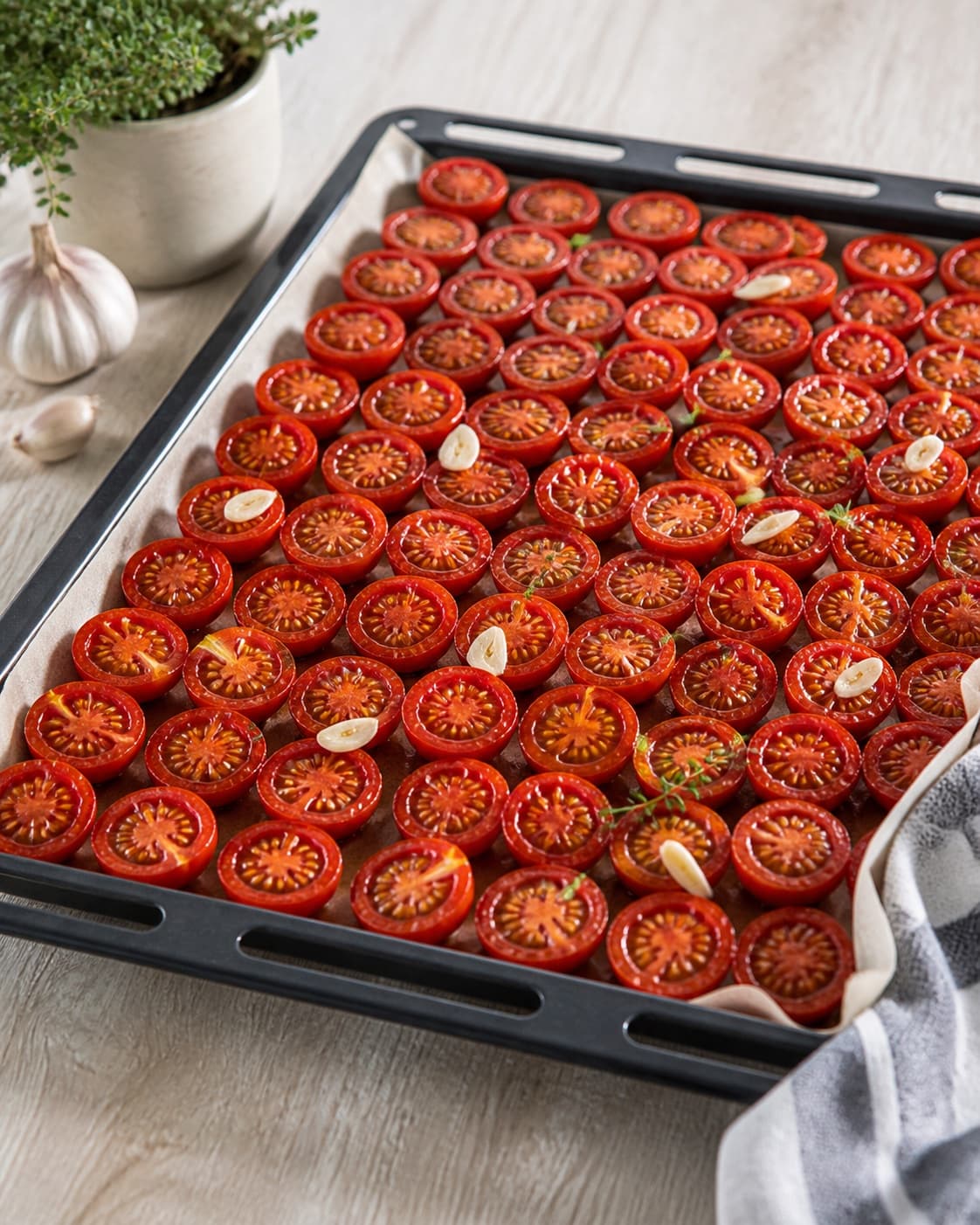 Ripe tomatoes halved evenly and placed cut side up on a lined baking tray under tilberedningen af langtidsbagte og ovntørrede tomater