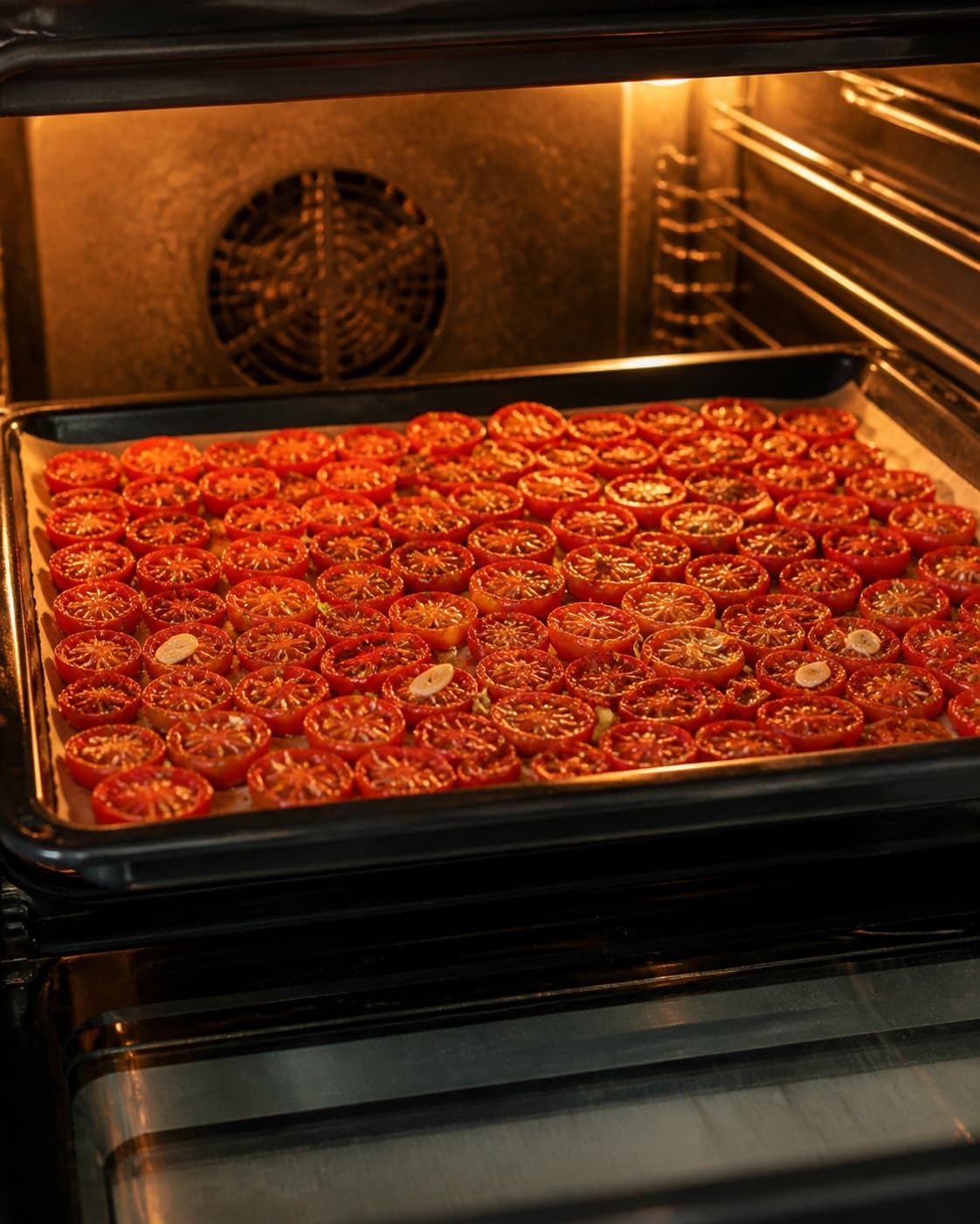 Tomatoes slowly roasting cut side up as their edges wrinkle and juices concentrate under tilberedningen af langtidsbagte og ovntørrede tomater