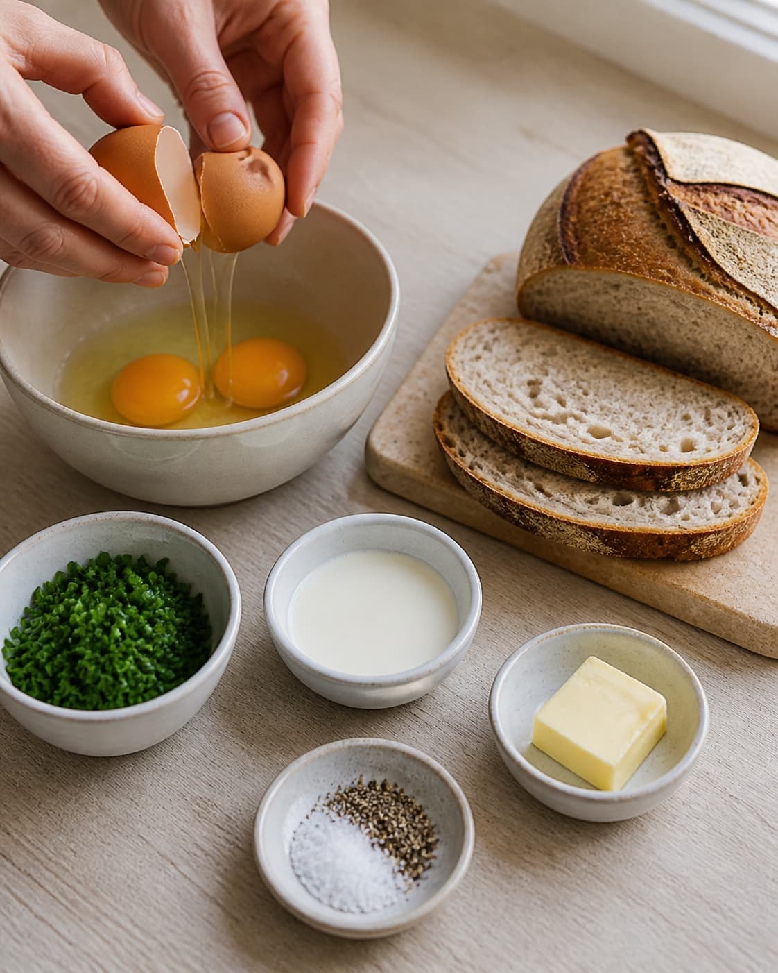 Fresh eggs cream butter chives and sourdough bread prepared separately for scrambled eggs under tilberedningen af scrambled eggs til morgenmad