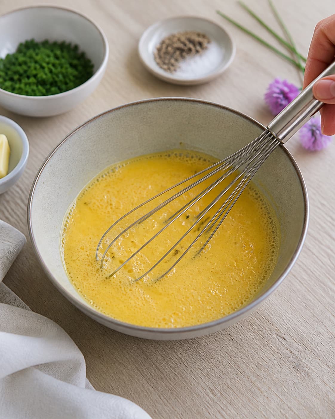 Eggs and cream whisked just until uniform with fine salt for creamy scrambled eggs under tilberedningen af scrambled eggs til morgenmad