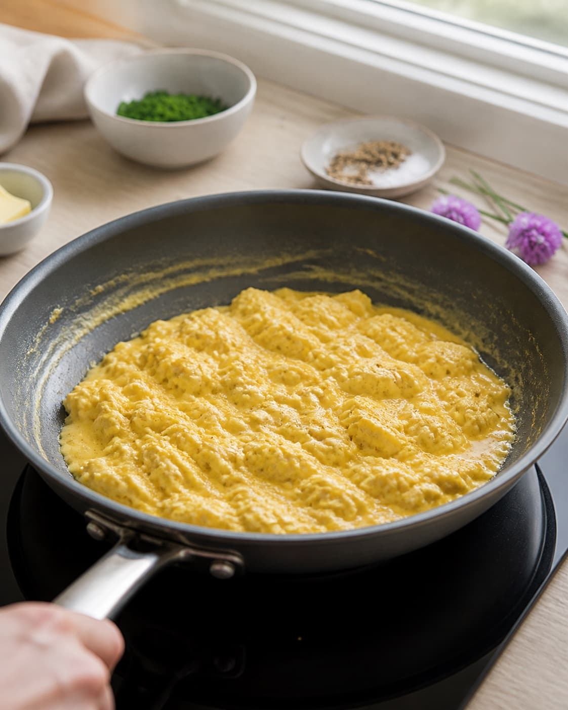 Egg mixture poured into gently foaming butter in a wide nonstick pan under tilberedningen af scrambled eggs til morgenmad